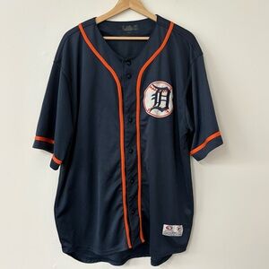 Vtg True Fan Detroit Tigers Embroidered Jersey Adult XL Blue Orange Button Front